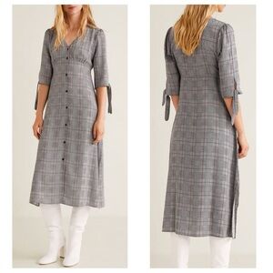 Mango Plaid Midi Dress XS – Button Front, Tie Sleeves, Cottagecore Fall Look.